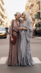 Fashionable grey-haired elderly women pensioners in sunglasses on the street of the city, generated by AI