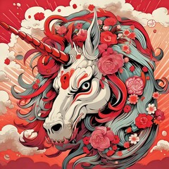 Fototapeta na wymiar Using psychedelic Red and White, create a bold, graphic illustration of a Fantastical Unicorn / Generative AI