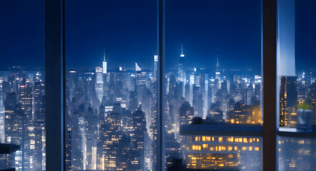 Fototapeta na wymiar New York city panorama at night view from windows blurred light usa urban,generated ai.