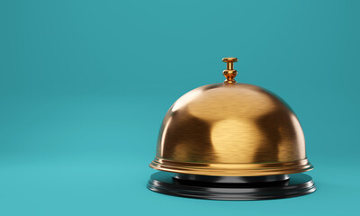 Reception or service bell with a shiny metal surface and a black plastic base. Isolated background, 3D render