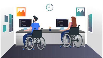 Young disabled boy and girl in wheelchair are working in the computer at the office. Flat vector illustration.