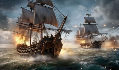 The pirate boats collide in a violent sea fight Creating using generative AI tools