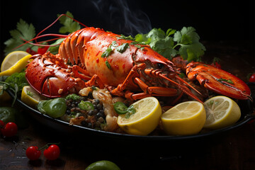 lobster with lemon and herbs on a black plate, closeup