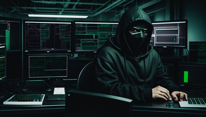 Hacker sitting in front of computers, breaching into various systems, cybersecurity, breaking security measures, Generative AI.