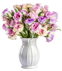 Colorful, large bouquet of eustoma in a white ceramic vase. A bouquet of beautiful and delicate flowers isolated on a transparent background. KI.