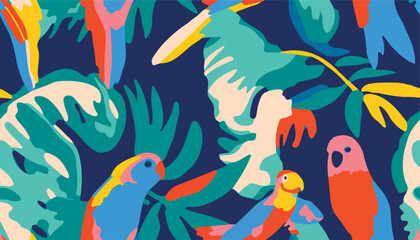 Abstract artistic print with various leaves and parrots. Modern hand drawn collage contemporary seamless pattern.