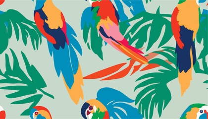 Abstract artistic print with various leaves and parrots. Modern hand drawn collage contemporary seamless pattern.