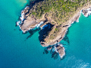 aerial panorama of beautiful coast of noosa national park; unique sandy beaches, cliffs and little...