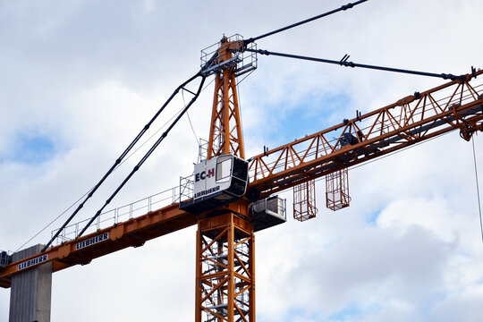 Arcueil-Cachan, France - January 13th 2019 : Crane Liebherr EC-H on the construction site for extending the underground line 15.