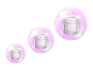 Cosmetic container cream and giant soap bubbles in 3D illustration PNG transparent