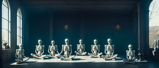 Meditating Skeletons Cross-Legged in an Extraordinary Landscape, Generative AI.