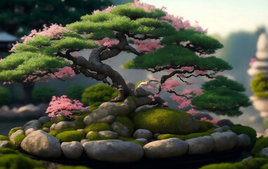 Japanese bonsai in japanese garden, Generative AI Illustration.