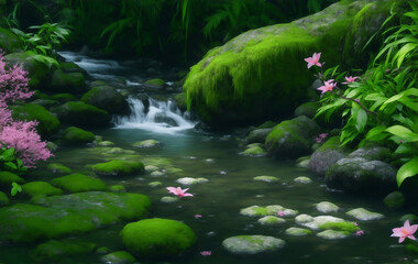 Fototapeta premium A river in forest with many plants, Generative AI Illustration.