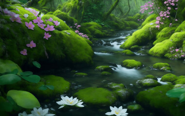 Obraz na płótnie Canvas A river in forest with many plants, Generative AI Illustration.