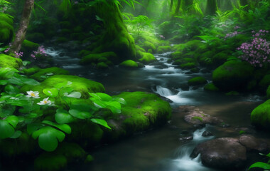 A river in forest with many plants, Generative AI Illustration.
