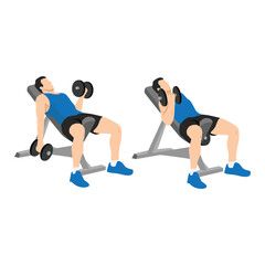 Man doing Seated alternating incline bench dumbbell curls exercise. Flat vector illustration isolated on white background