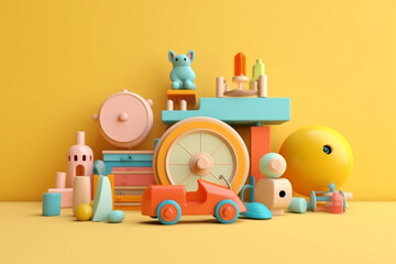 various children's toys rendering minimal background - obrazy, fototapety, plakaty