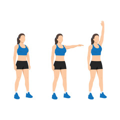Woman doing single arm front raises to overhead extension. Flat vector illustration isolated on white background