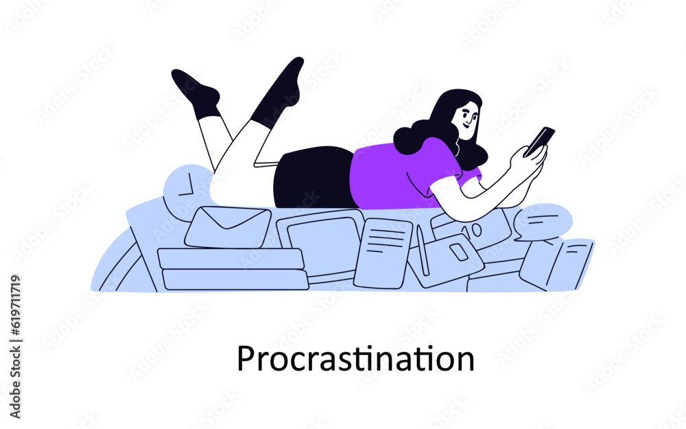 Poster procrastination concept. lazy irresponsible unproductive person postponing, delaying work for later 