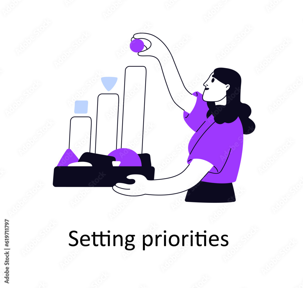 Poster setting priorities, planning life and business. time management, strategy concept. person organizing