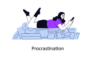 Procrastination concept. Lazy irresponsible unproductive person postponing, delaying work for later time, distracted by mobile phone. Flat graphic vector illustration isolated on white background
