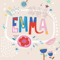 Bright card with beautiful name Emma in flowers, petals and simple forms. Awesome female name design in bright colors. Tremendous vector background for fabulous designs