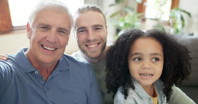 Men, family and selfie on s sofa with boy, father and grandparent bonding in their home together. Portrait, smile and senior man happy with son and grandchild in a living room for profile picture
