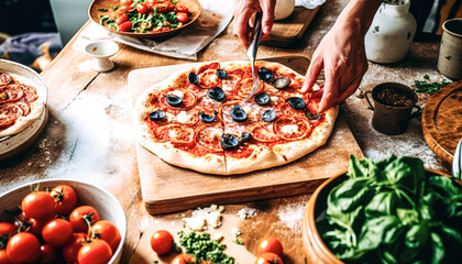 Making pizza with mozzarella, tomatoes and basil on the table. Generative AI