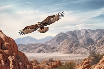 Fototapeta na wymiar an eagle flies in the mountains that are in the desert