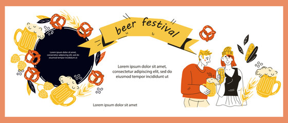 Fototapeta na wymiar Oktoberfest or beer party poster template with people drinking beer, hand drawn doodle vector illustration on white background. Banner or flyer template for traditional German festival.