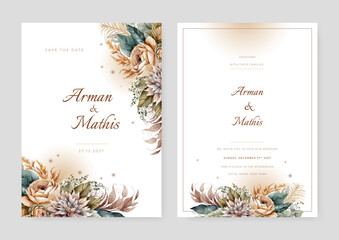 Modern wedding invitation card with flower and leaves