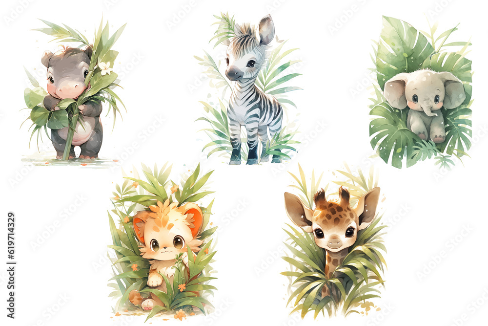 Sticker Set of cute baby woodland animals Hippo, elephant, giraffe, lion and zebra in palm leaves Illustration isolated drawings by hand. Perfect for nursery poster.