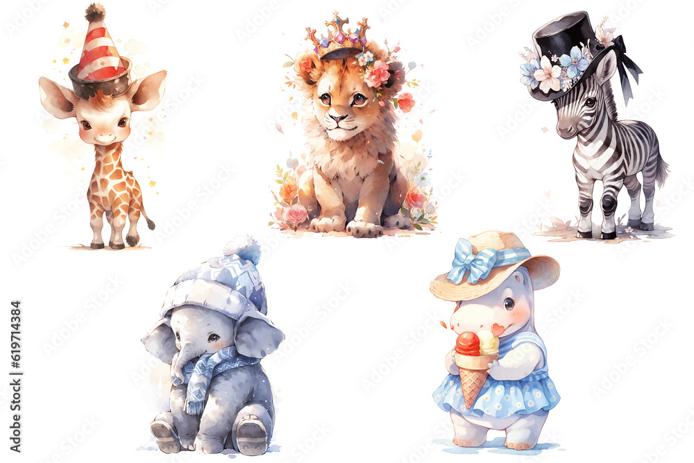 Poster Set of cute baby woodland animals a lion with a crown on his head, a hippopotamus in a blue hat, a giraffe in a red top hat, a zebra in a top hat, an elephant in a hat Illustration 