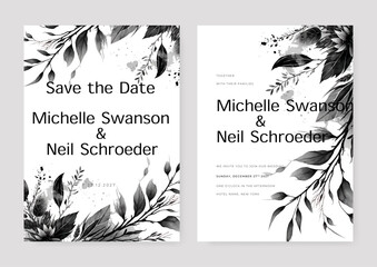 Floral watercolor wedding invitation template. Leave and flower background. Greeting card.