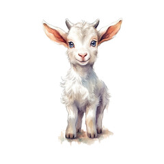 Fototapeta na wymiar Watercolor cute little goat. Happy farm animal cartoon illustration. Generative AI