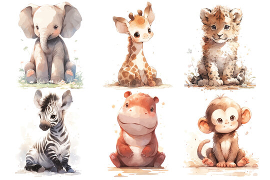 Set of cute baby woodland animals elephant, lion, zebra, hippopotamus, giraffe, monkey sit on the ground Illustration isolated drawings by hand. Perfect for nursery poster.