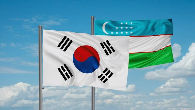 Republic of Uzbekistan and South Korea flag waving together in the wind on blue sky, cycle looped video, two country cooperation concept