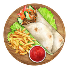 Shawarma served with french fries and tomato ketchup. Watercolor illustration