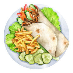 Delicious shawarma and French fries. Watercolor illustration