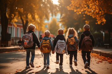 A group of first graders go to enrollment on their first day at school. Education and start into a new future. Wallpaper and poster for news articles.