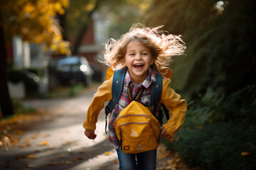 happy first grader girl running with knapsack on her first day at school. Education and start into a new future. Wallpaper and poster for news articles.