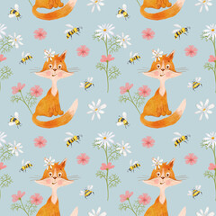 Red fox and bee. Seamless pattern with Sly, cheerful fox in flowers and with bees. Watercolor Cheerful Fox in the forest. Childrens illustration.