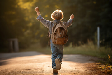 child jumping in the air after end of school. holiday season beginning with joy.