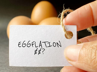 Eggflation note on price tag with hand background. Increasing egg prices issues concept. - obrazy, fototapety, plakaty