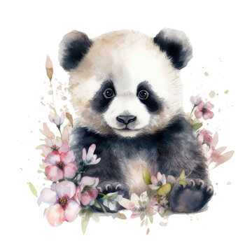 Watercolor illustration cute panda in flowers