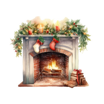 Watercolor Illustration Christmas Fireplace Decorated With Gift Socks And Fir Branches