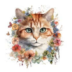 Watercolor illustration Cat in flowers