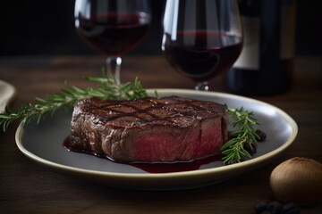 Fototapeta premium beef steak on the dish with red wine