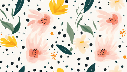Hand drawn cute artistic flowers with dots print. Modern botanical pattern. Fashionable template for design.
