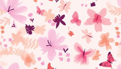 Fototapeta na wymiar Hand drawn cute pink artistic flowers and butterflies pattern. Modern cartoon style print. Fashionable template for design.